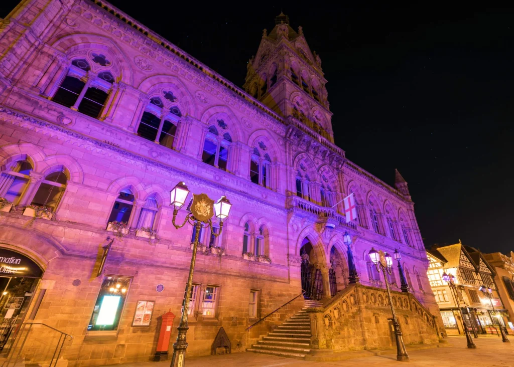 Chester Town Hall lit up with Purple Lighting to recognise Chester's Purple Flag status.