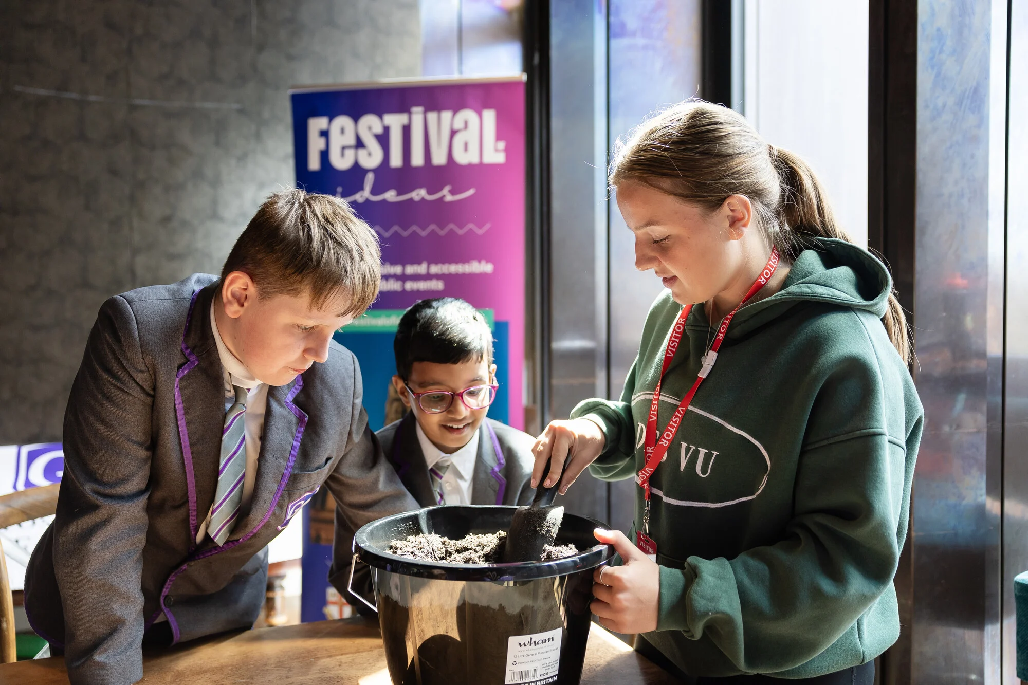 Grosvenor Park Academy pupil, activity, bame, banner stand, branding, diversity, education, event, festival of ideas, garrett bar, group work, inside, male, school children, storyhouse, university of chester, up-cycling workshop