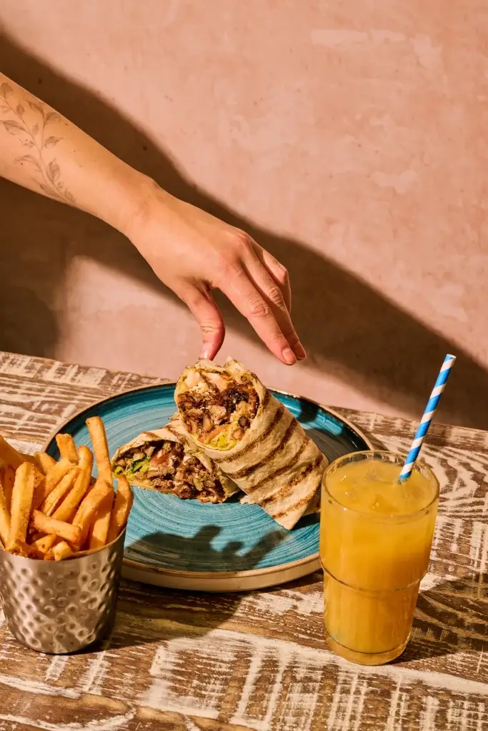 Chicken-Roti-Wrap-Spiced-Fries-Pineapple-Juice