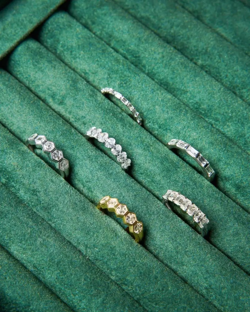 Range of diamond rings on green velvet