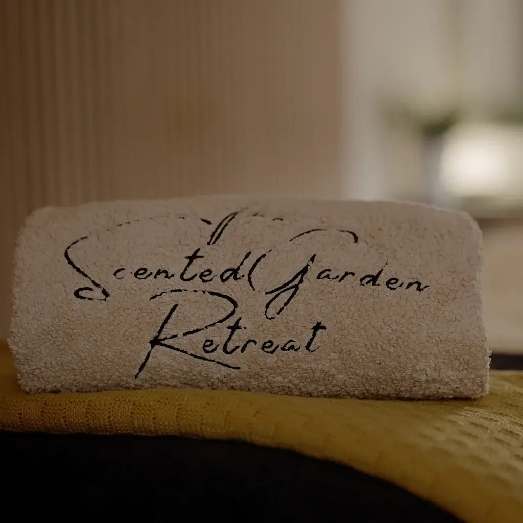 A white Towel with the words Scented Garden Retreat on