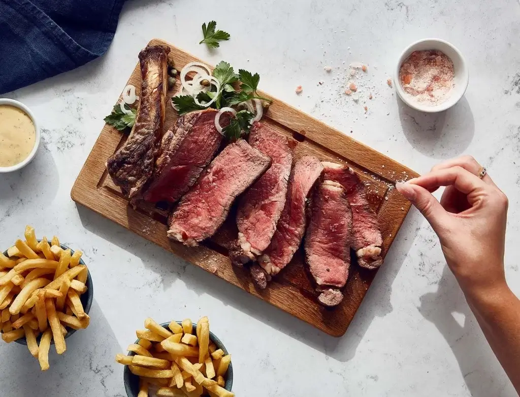 A wooden board topped with slices of juicy steak, garnished with herbs and onions, accompanied by fries and a small bowl of sauce.